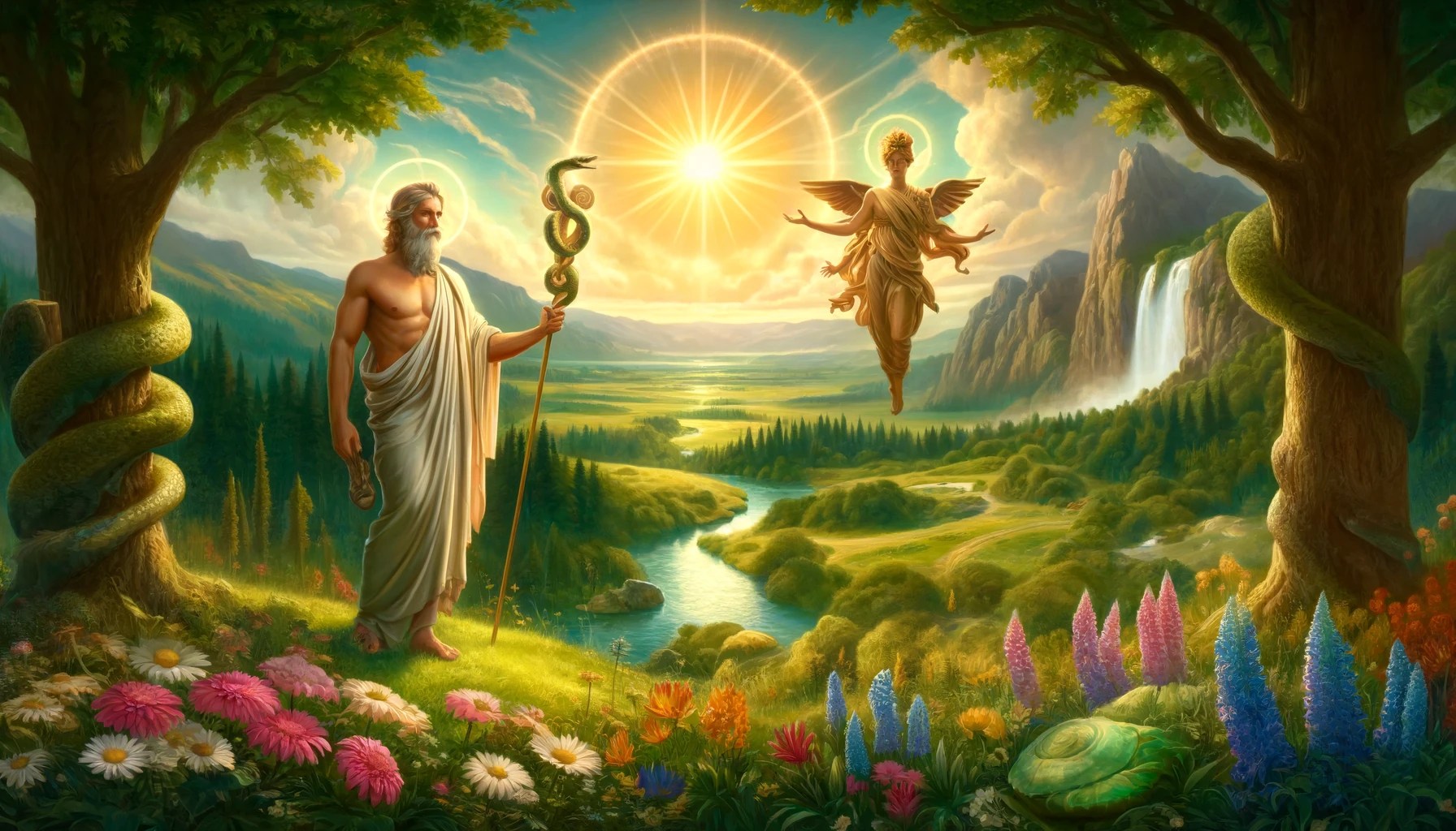 A beautiful landscape featuring Asclepius, the Greek god of medicine, standing majestically. He holds a staff with a serpent coiled around it. Beside him is a personified figure of Vitality, depicted as a radiant, energetic figure exuding health and vigor. The background includes a serene, lush green valley with a sparkling river flowing through it, surrounded by vibrant wildflowers and tall, ancient trees. The sky above is clear with a golden hue of the setting sun, casting a warm glow over the scene.